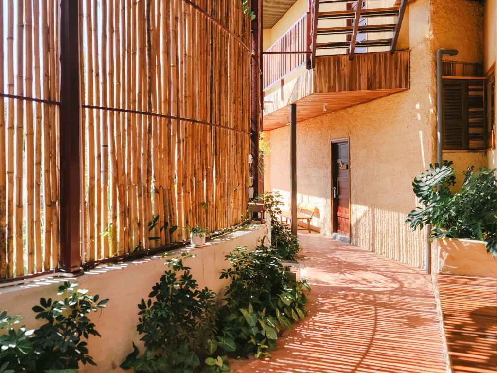 Sunlit walkway beside a bamboo-screened residential facade